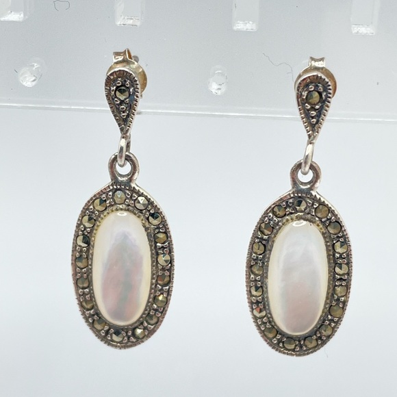 Marcasite, Mother of Pearl & Sterling Earrings - Picture 1 of 3